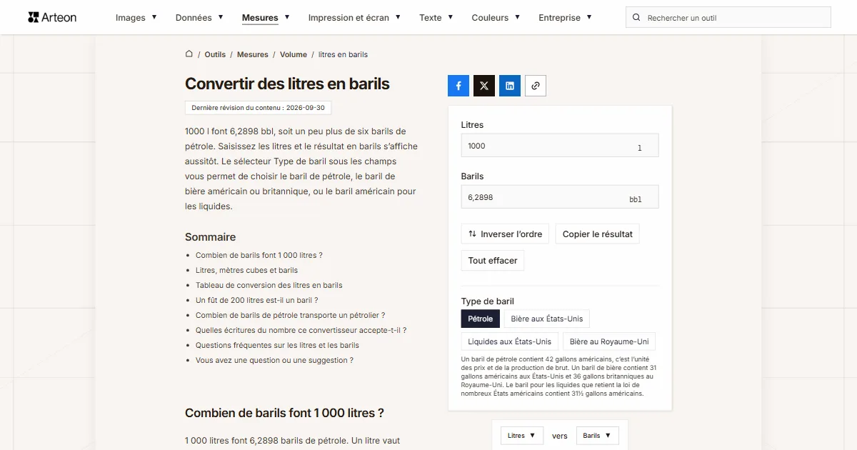 Capture d'écran de l'outil gratuit d'Arteon: Convertir des litres en barils