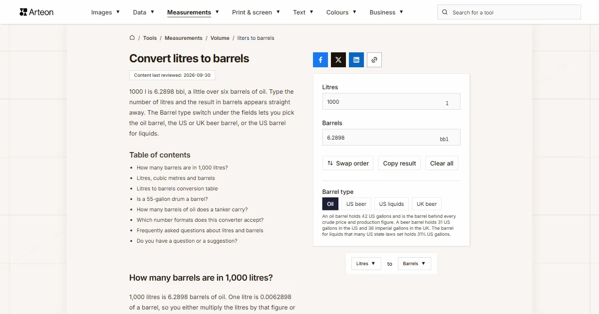 Arteon free tool screenshot: Convert litres to barrels