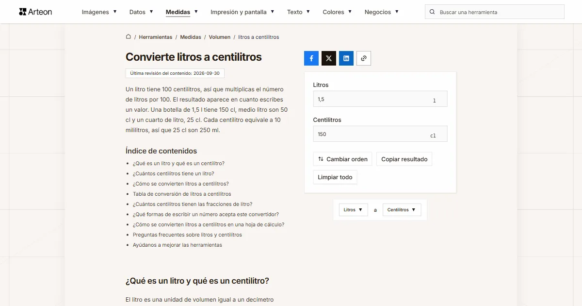 Captura de pantalla de la herramienta gratuita de Arteon: Convierte litros a centilitros