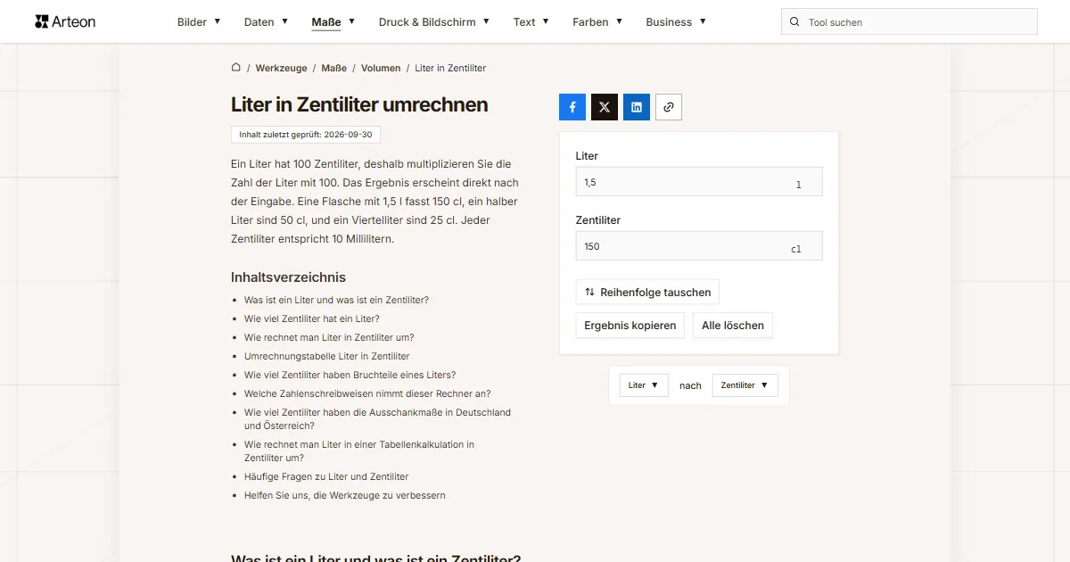 Screenshot des kostenlosen Arteon-Werkzeugs: Liter in Zentiliter umrechnen