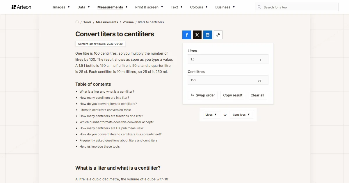 Arteon free tool screenshot: Convert liters to centiliters