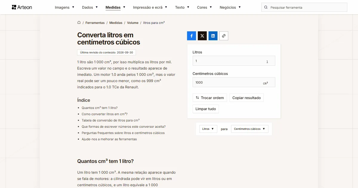 Captura de ecrã da ferramenta gratuita da Arteon: Converta litros em centímetros cúbicos