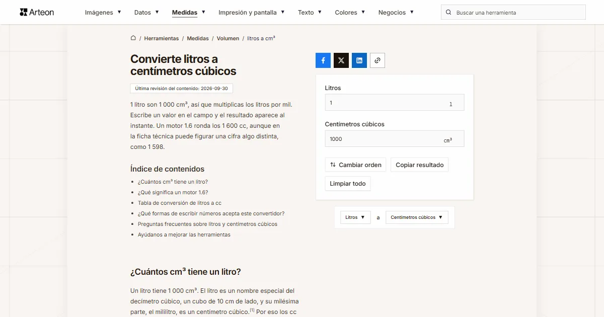 Captura de pantalla de la herramienta gratuita de Arteon: Convierte litros a centímetros cúbicos