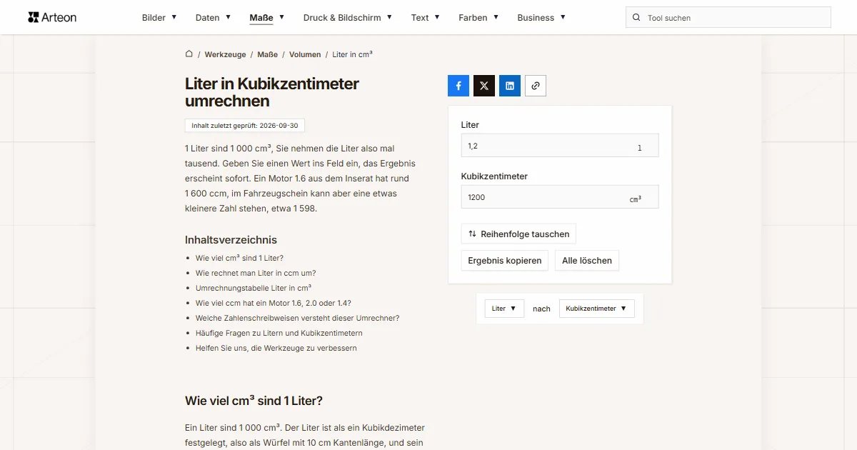 Screenshot des kostenlosen Arteon-Werkzeugs: Liter in Kubikzentimeter umrechnen
