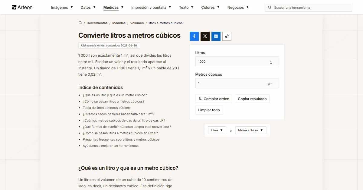 Captura de pantalla de la herramienta gratuita de Arteon: Convierte litros a metros cúbicos