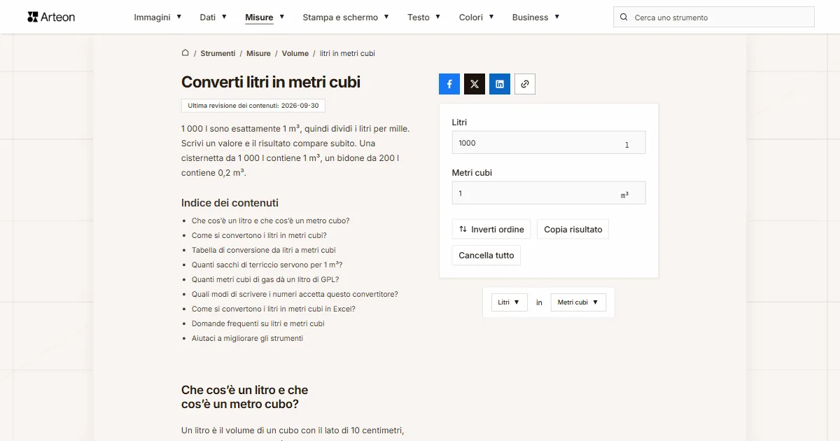 Screenshot dello strumento gratuito Arteon: Converti litri in metri cubi