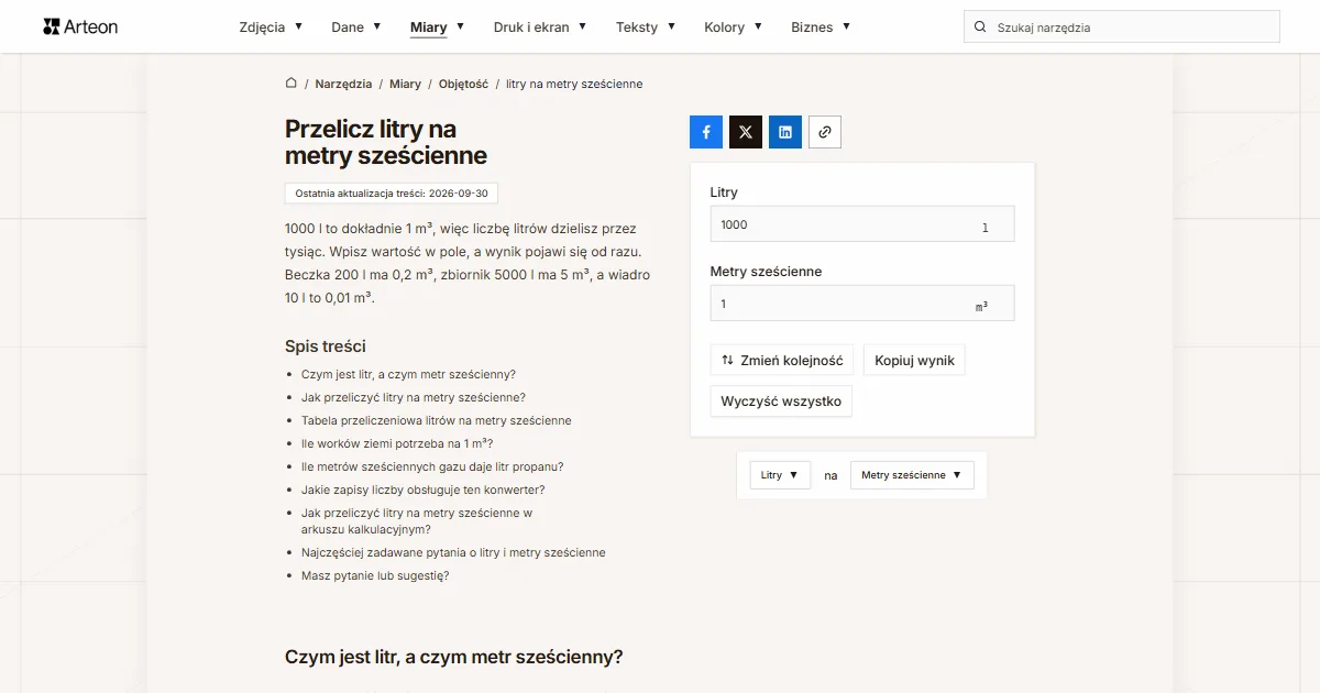 Zrzut ekranu darmowego narzędzia Arteon: Przelicz litry na metry sześcienne