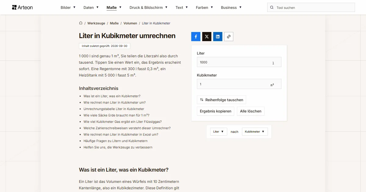 Screenshot des kostenlosen Arteon-Werkzeugs: Liter in Kubikmeter umrechnen