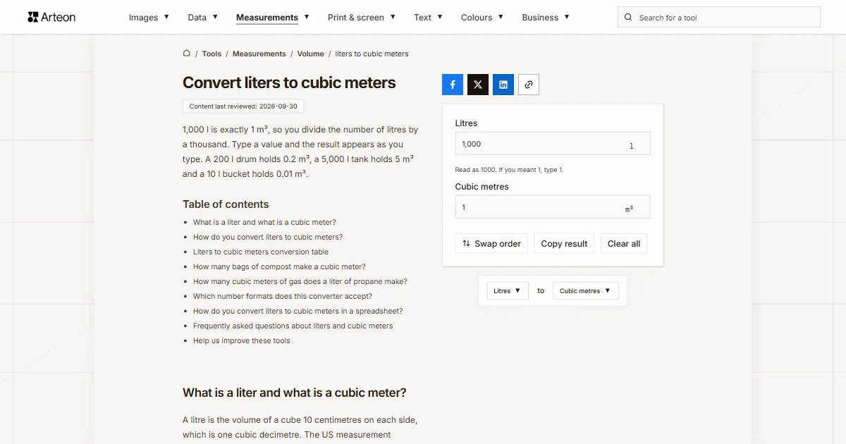 Arteon free tool screenshot: Convert liters to cubic meters