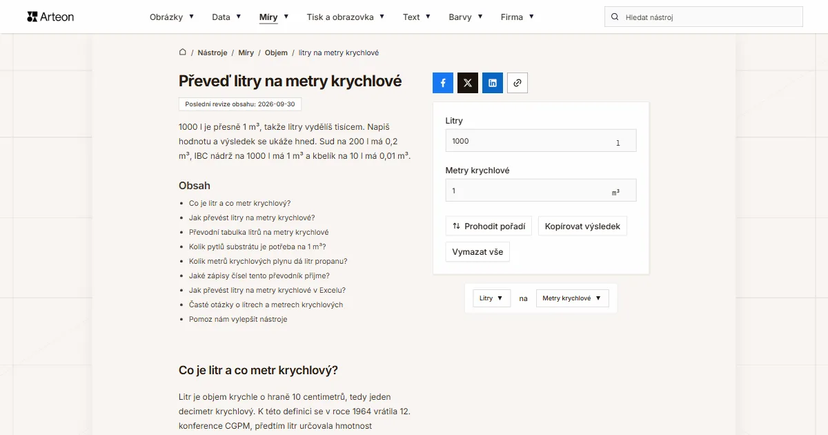 Snímek obrazovky bezplatného nástroje Arteon: Převeď litry na metry krychlové
