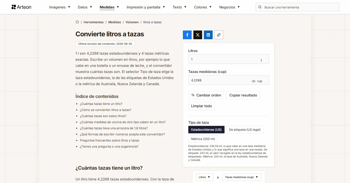 Captura de pantalla de la herramienta gratuita de Arteon: Convierte litros a tazas