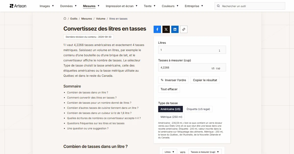 Capture d'écran de l'outil gratuit d'Arteon: Convertissez des litres en tasses
