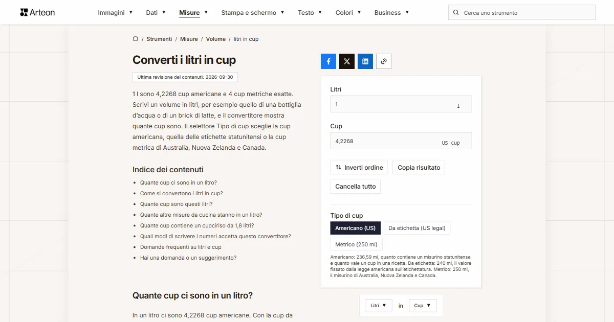 Screenshot dello strumento gratuito Arteon: Converti i litri in cup