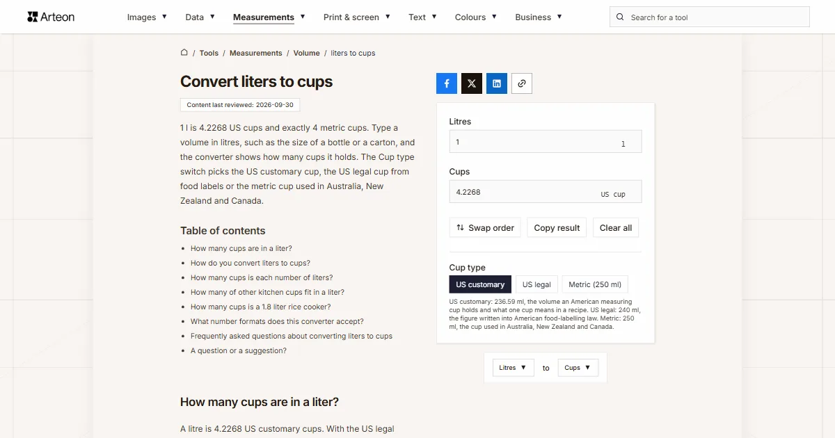 Arteon free tool screenshot: Convert liters to cups
