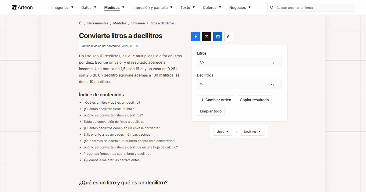 Captura de pantalla de la herramienta gratuita de Arteon: Convierte litros a decilitros
