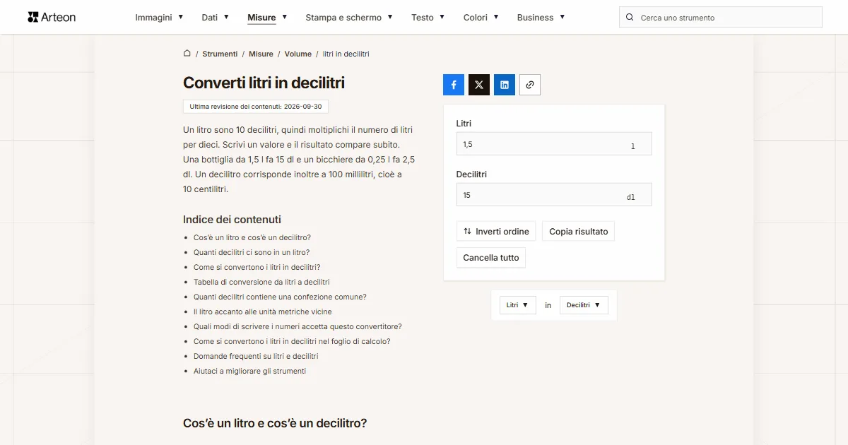 Screenshot dello strumento gratuito Arteon: Converti litri in decilitri