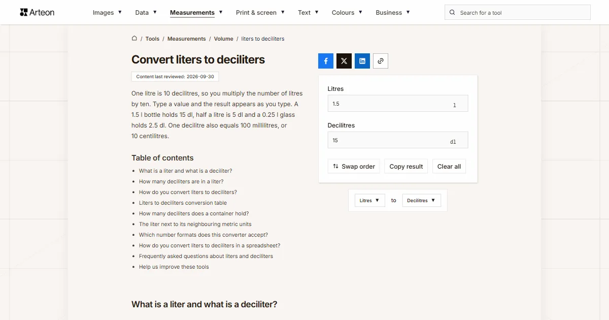 Arteon free tool screenshot: Convert liters to deciliters