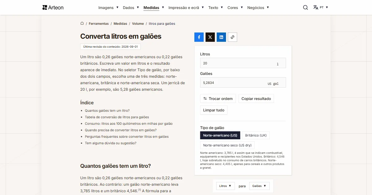 Captura de ecrã da ferramenta gratuita da Arteon: Converta litros em galões