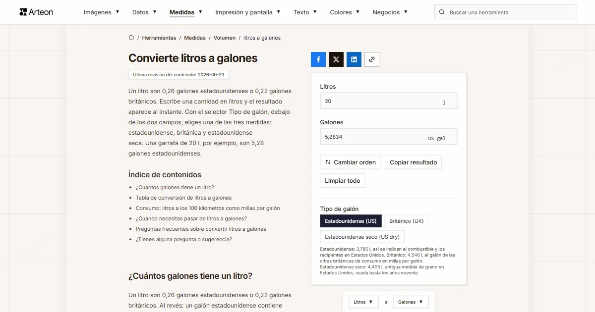 Captura de pantalla de la herramienta gratuita de Arteon: Convierte litros a galones
