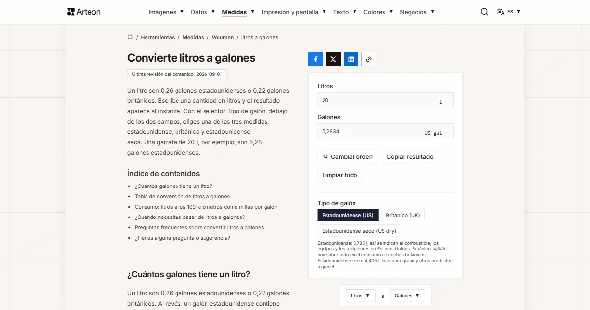 Captura de pantalla de la herramienta gratuita de Arteon: Convierte litros a galones