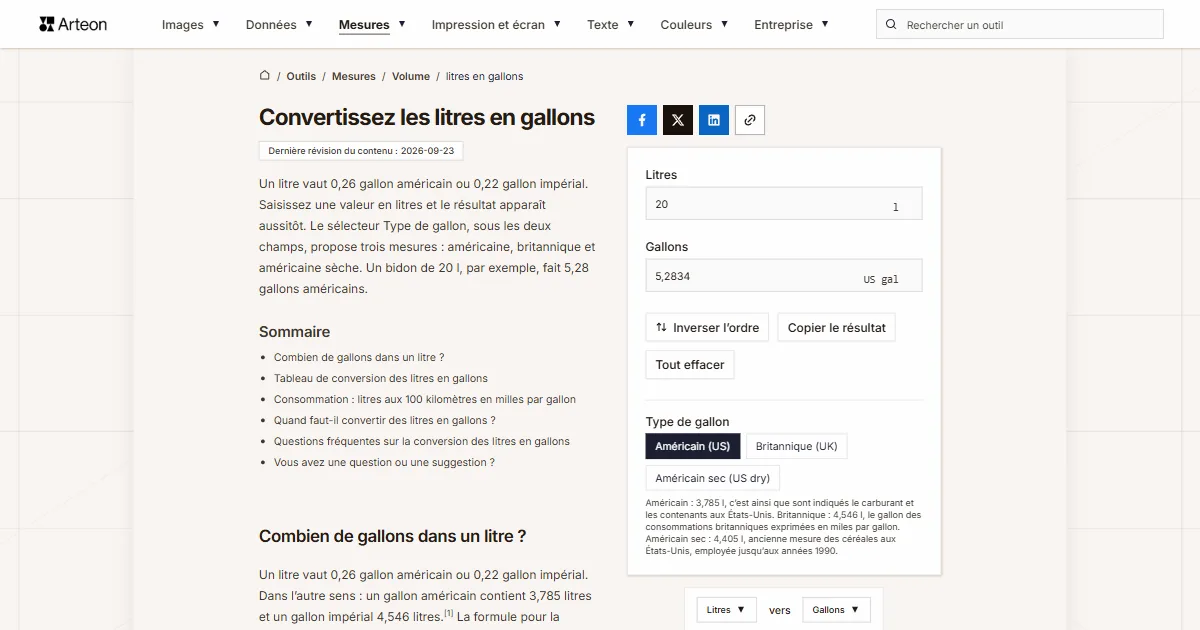 Capture d'écran de l'outil gratuit d'Arteon: Convertissez les litres en gallons