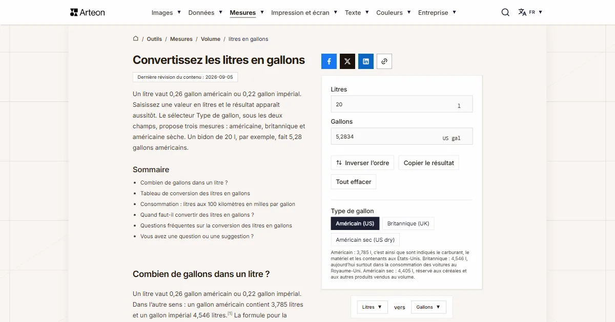 Capture d'écran de l'outil gratuit d'Arteon: Convertissez les litres en gallons