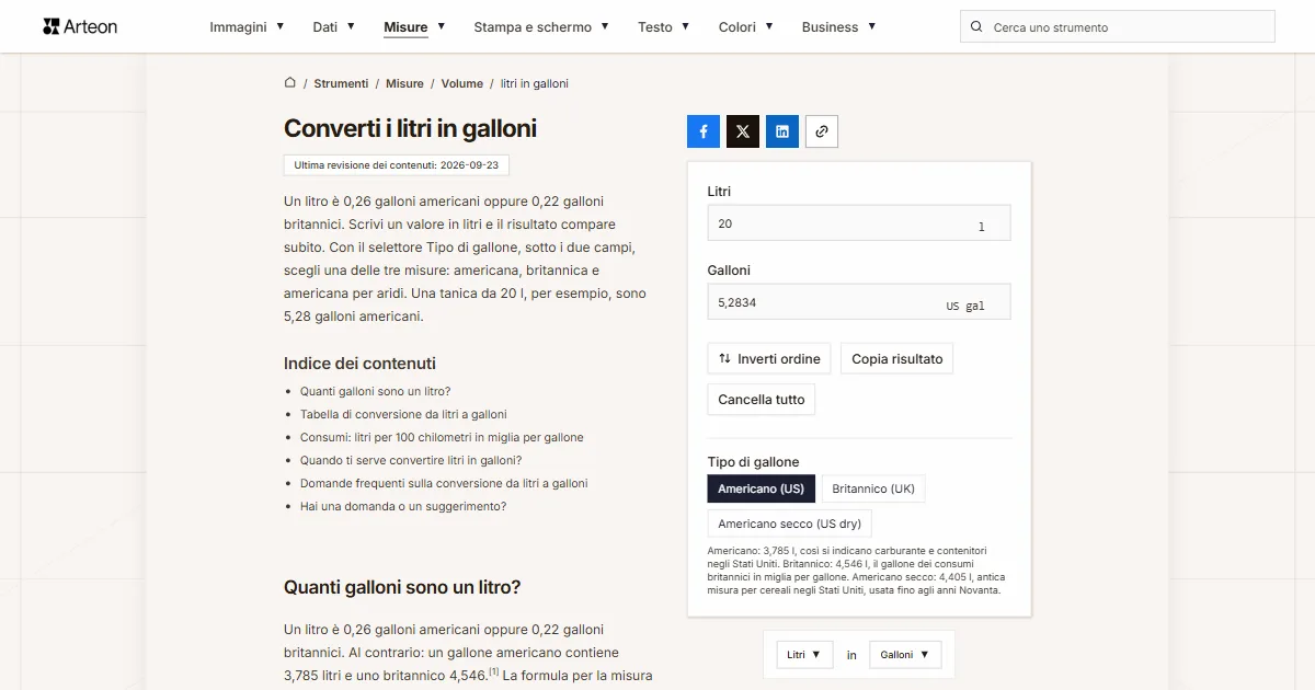 Screenshot dello strumento gratuito Arteon: Converti i litri in galloni