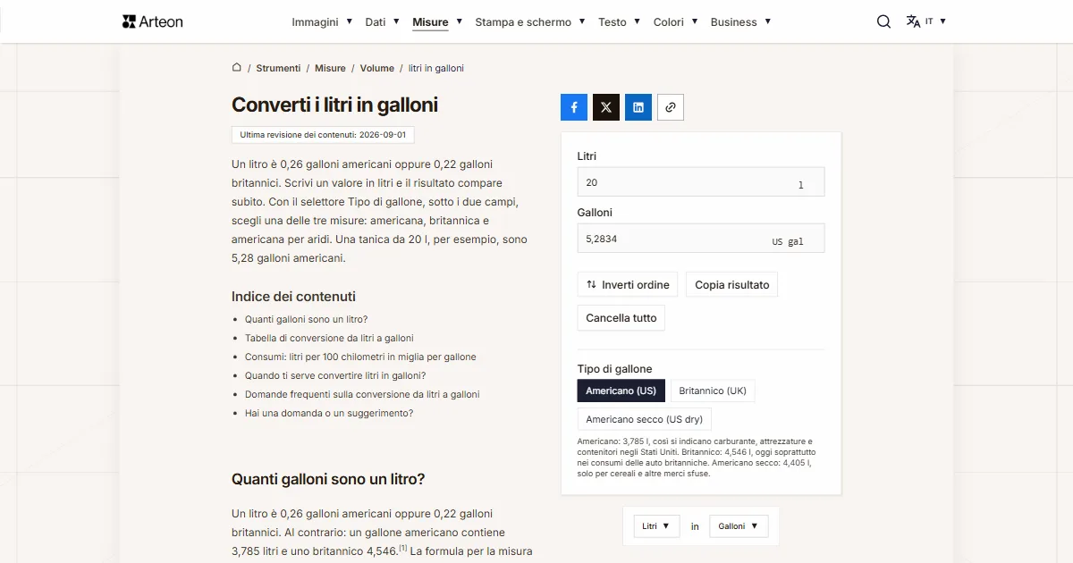 Screenshot dello strumento gratuito Arteon: Converti i litri in galloni