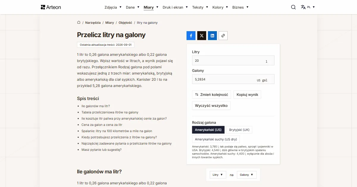Zrzut ekranu darmowego narzędzia Arteon: Przelicz litry na galony