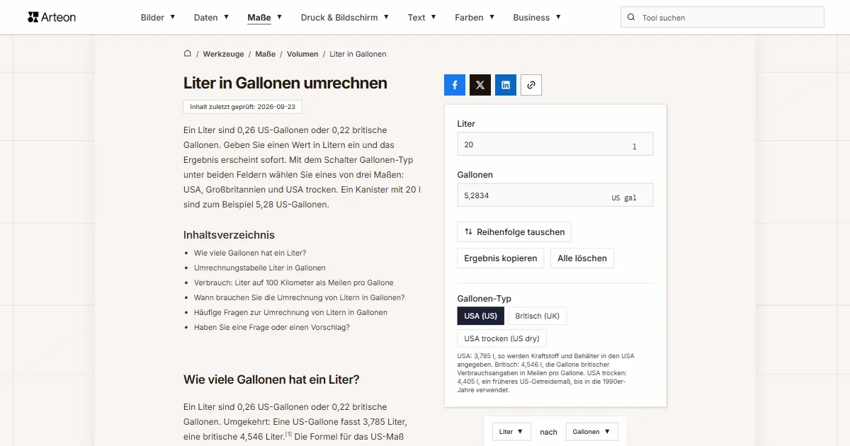 Screenshot des kostenlosen Arteon-Werkzeugs: Liter in Gallonen umrechnen