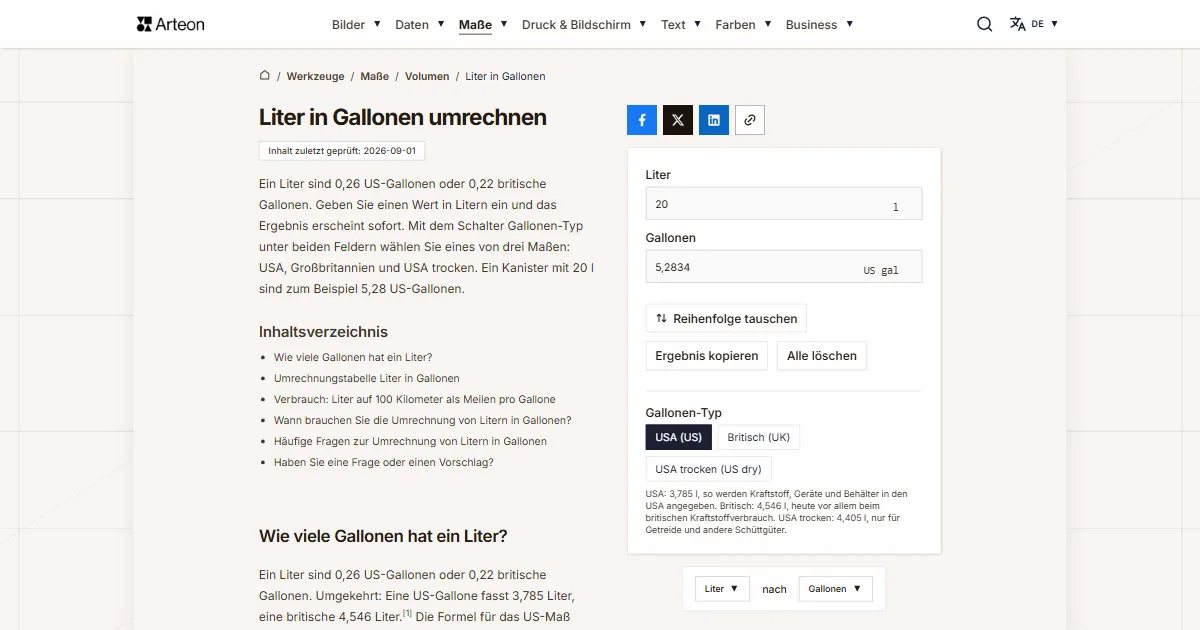Screenshot des kostenlosen Arteon-Werkzeugs: Liter in Gallonen umrechnen