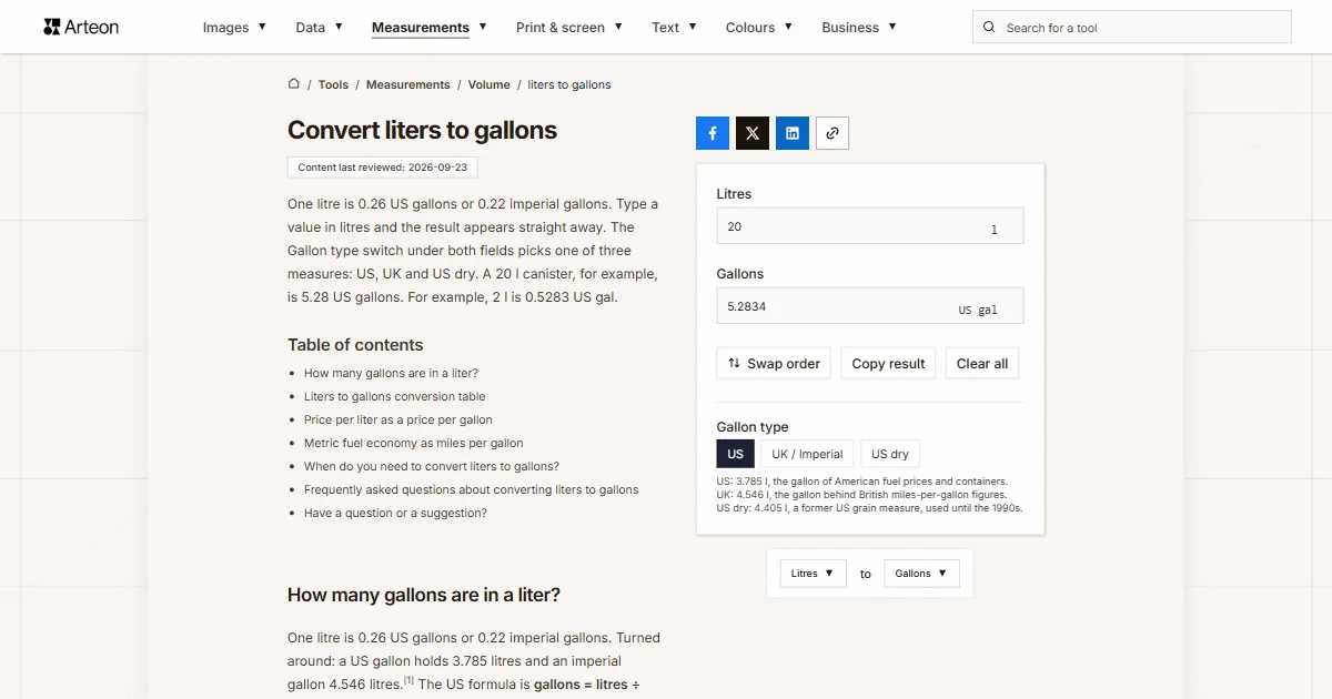 Arteon free tool screenshot: Convert liters to gallons