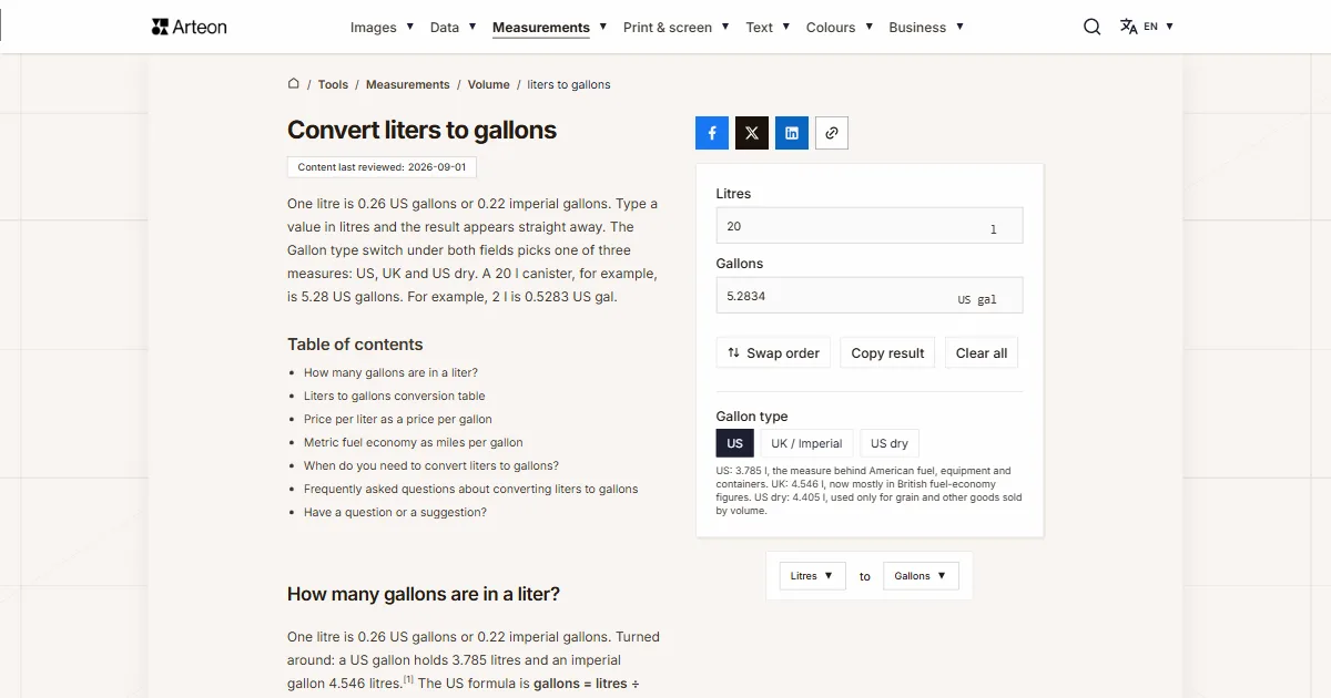 Arteon free tool screenshot: Convert liters to gallons