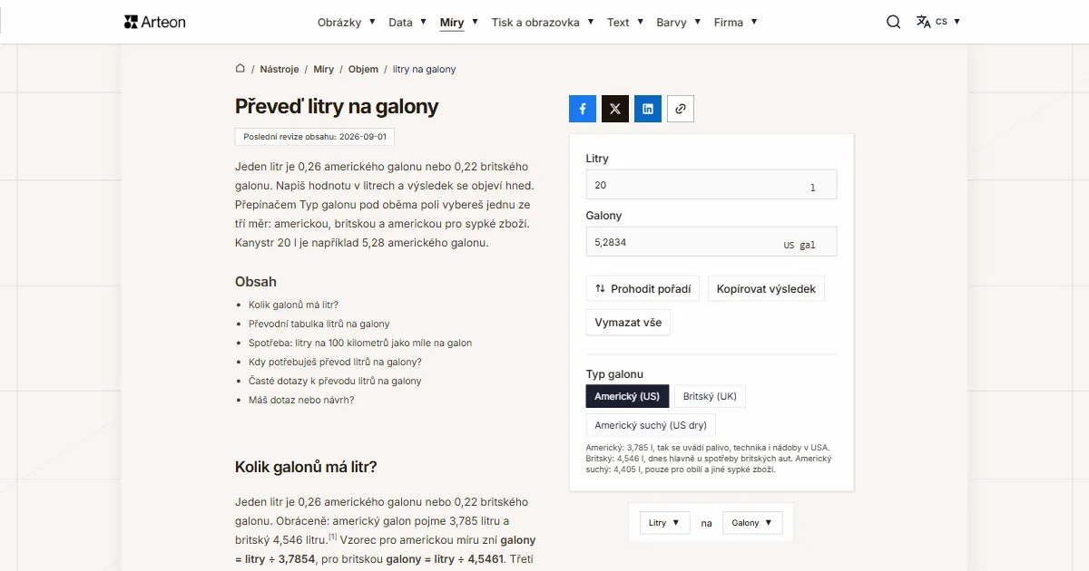 Snímek obrazovky bezplatného nástroje Arteon: Převeď litry na galony