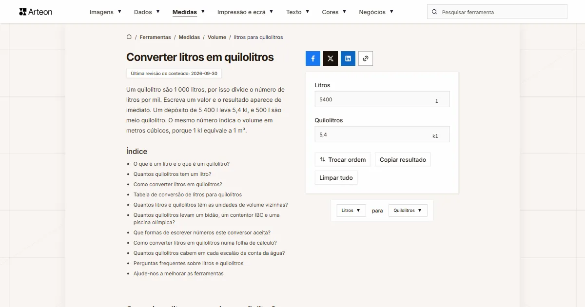 Captura de ecrã da ferramenta gratuita da Arteon: Converter litros em quilolitros