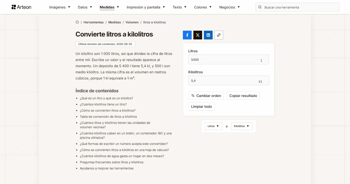 Captura de pantalla de la herramienta gratuita de Arteon: Convierte litros a kilolitros