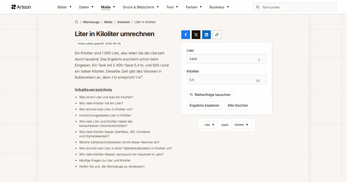 Screenshot des kostenlosen Arteon-Werkzeugs: Liter in Kiloliter umrechnen