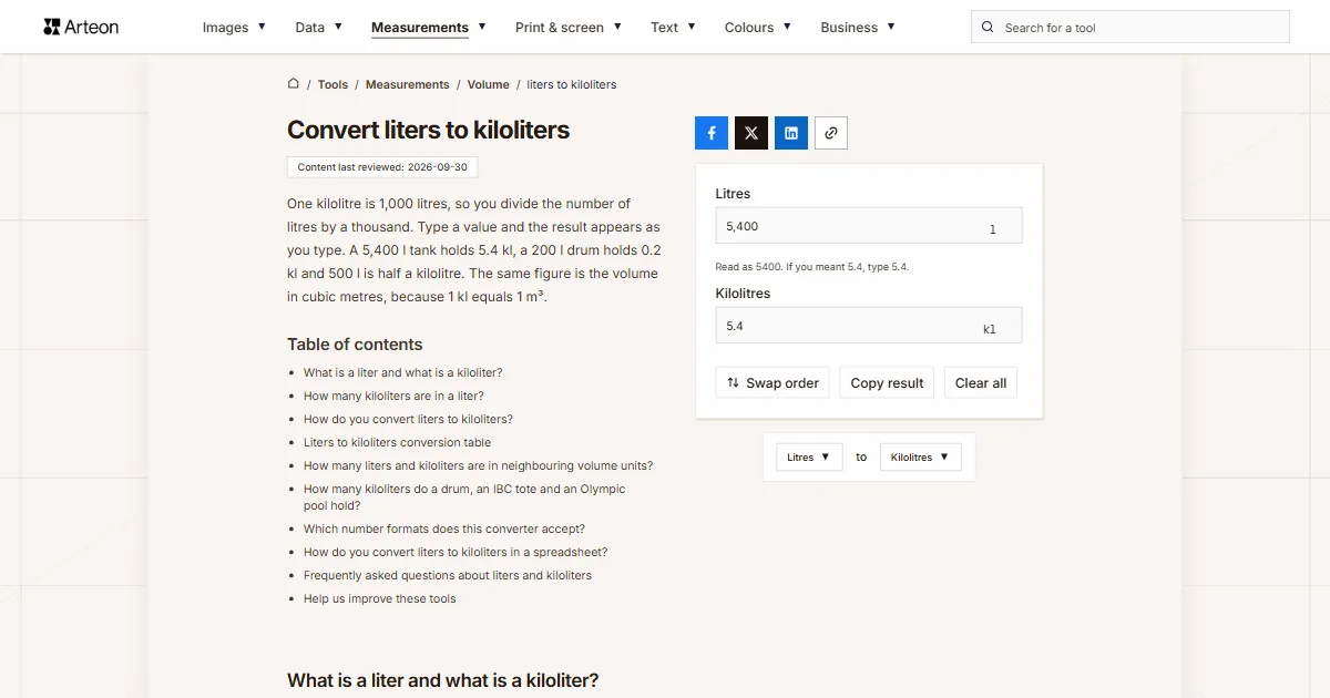 Arteon free tool screenshot: Convert liters to kiloliters
