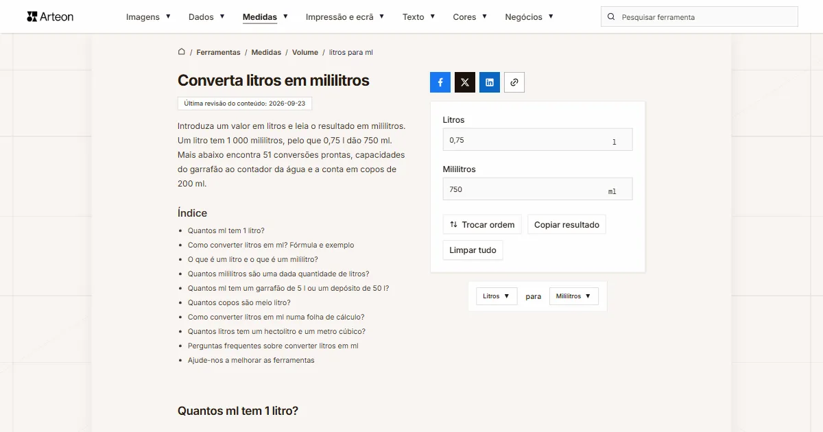 Captura de ecrã da ferramenta gratuita da Arteon: Converta litros em mililitros