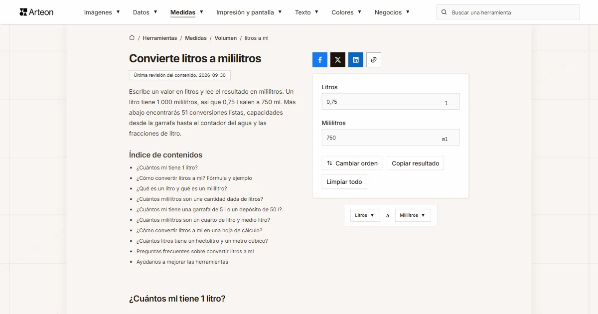 Captura de pantalla de la herramienta gratuita de Arteon: Convierte litros a mililitros