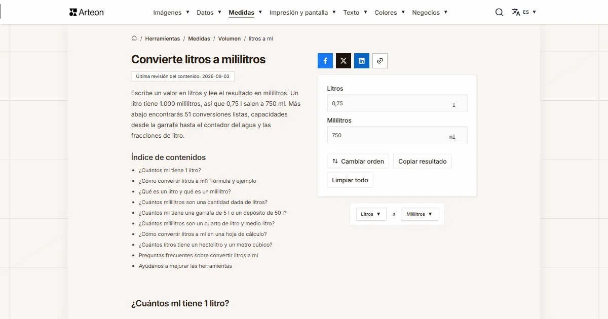Captura de pantalla de la herramienta gratuita de Arteon: Convierte litros a mililitros