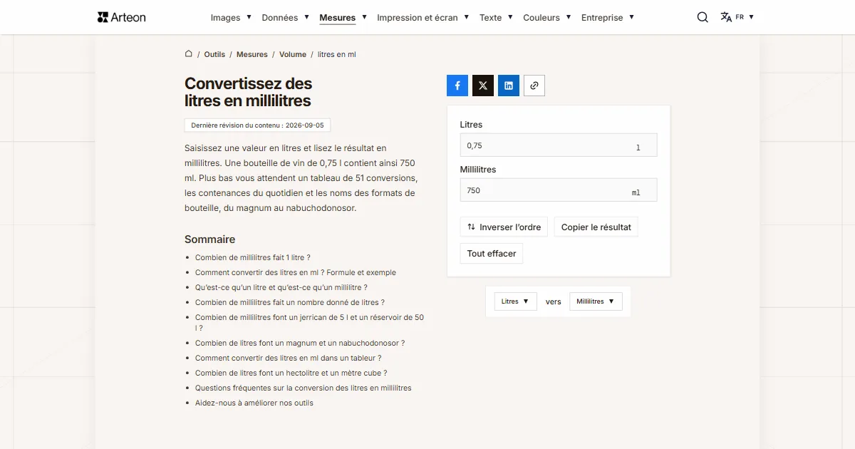 Capture d'écran de l'outil gratuit d'Arteon: Convertissez des litres en millilitres