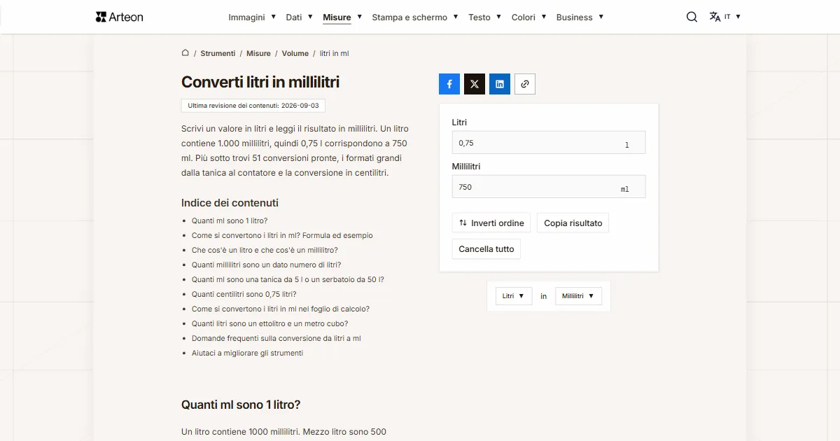 Screenshot dello strumento gratuito Arteon: Converti litri in millilitri
