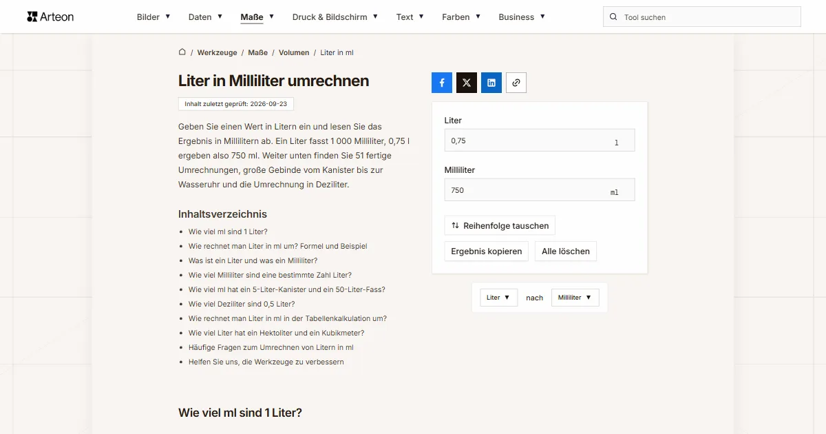 Screenshot des kostenlosen Arteon-Werkzeugs: Liter in Milliliter umrechnen