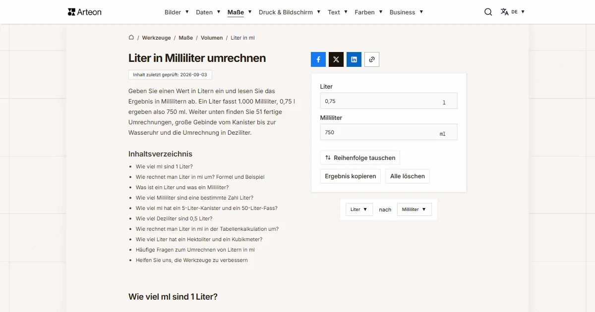 Screenshot des kostenlosen Arteon-Werkzeugs: Liter in Milliliter umrechnen