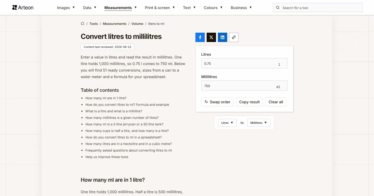 Arteon free tool screenshot: Convert litres to millilitres