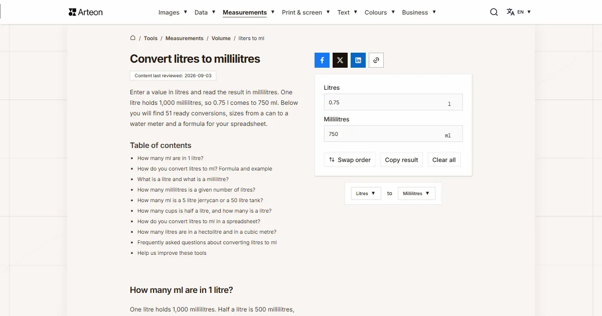 Arteon free tool screenshot: Convert litres to millilitres