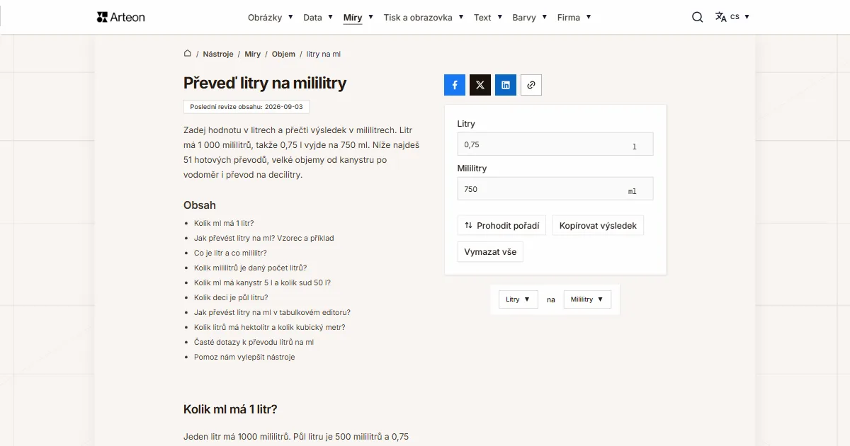 Snímek obrazovky bezplatného nástroje Arteon: Převeď litry na mililitry