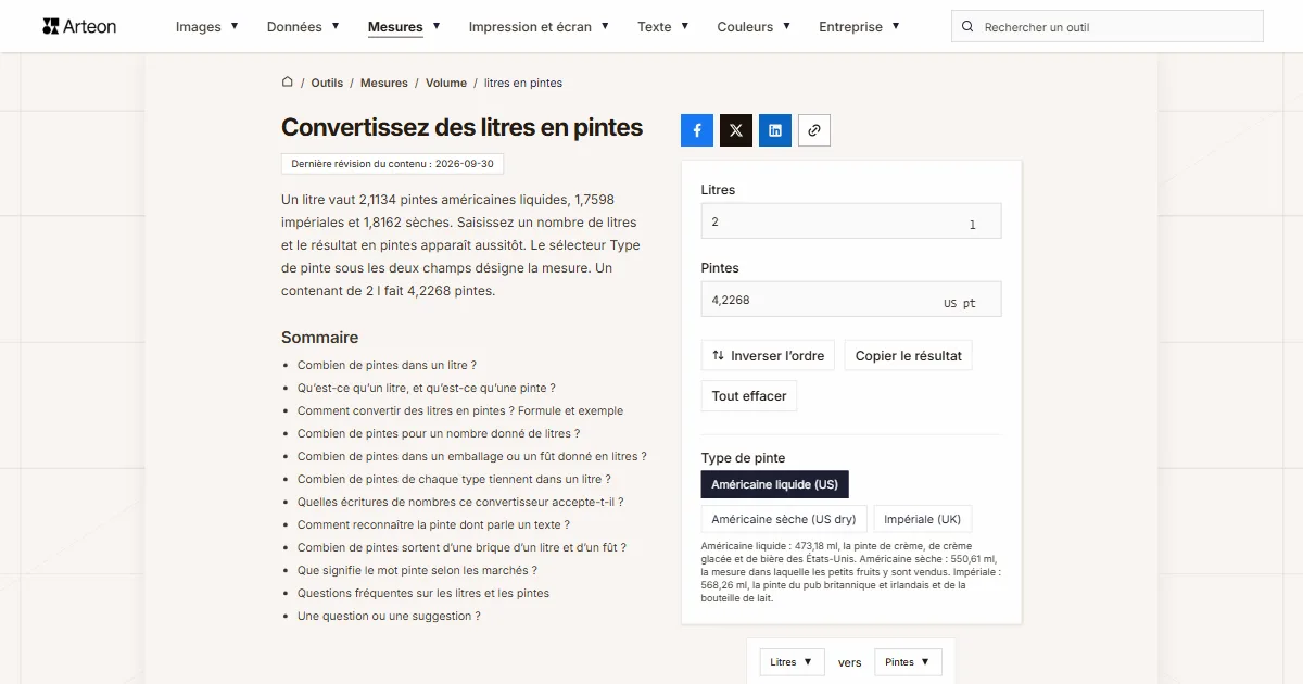Capture d'écran de l'outil gratuit d'Arteon: Convertissez des litres en pintes