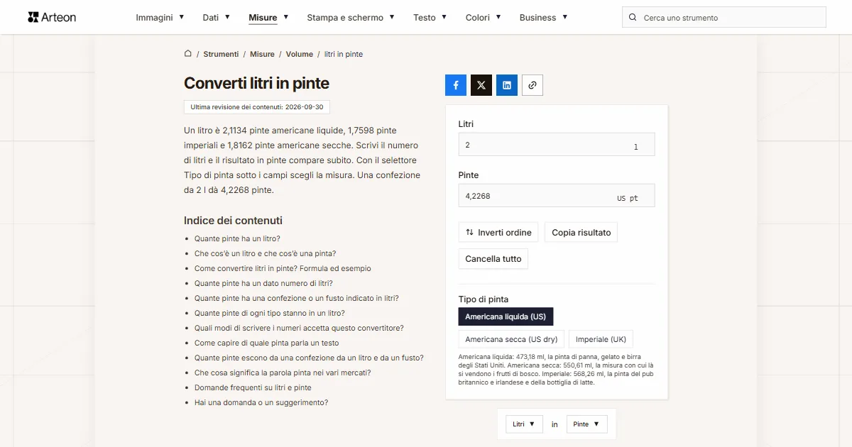 Screenshot dello strumento gratuito Arteon: Converti litri in pinte